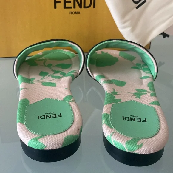 NIB FENDI Bouquet Nero canvas SLIDES/flats,shoes w/dust bag Sz 8.5 US/39 ITALY - Picture 5 of 13